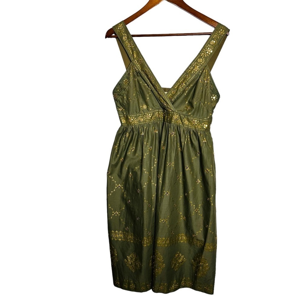 MICHAEL Michael Kors Olive Green Gold Imprint Border with Sequins Dress Size 8 - Picture 1 of 6